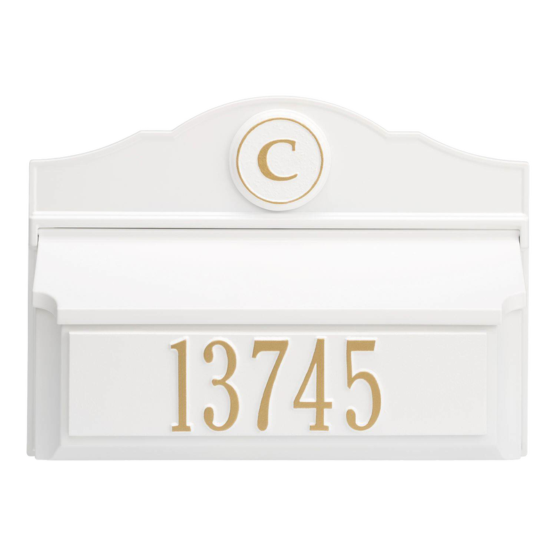 Elegant handcrafted white and gold wall-mount mailbox with personalized house number and monogram, made in USA, ideal for enhancing curb appeal in Home & Decor collections.
