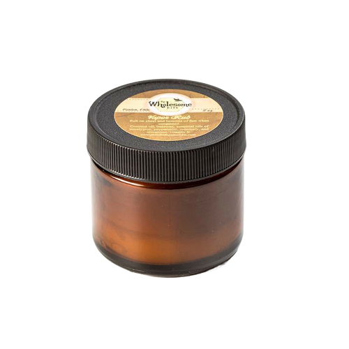 Amber glass jar with black screw-on lid containing handcrafted, all-natural vapor rub made in USA, featured in Health & Wellness, Balms, Creams and Lotions, and Best Sellers collections.