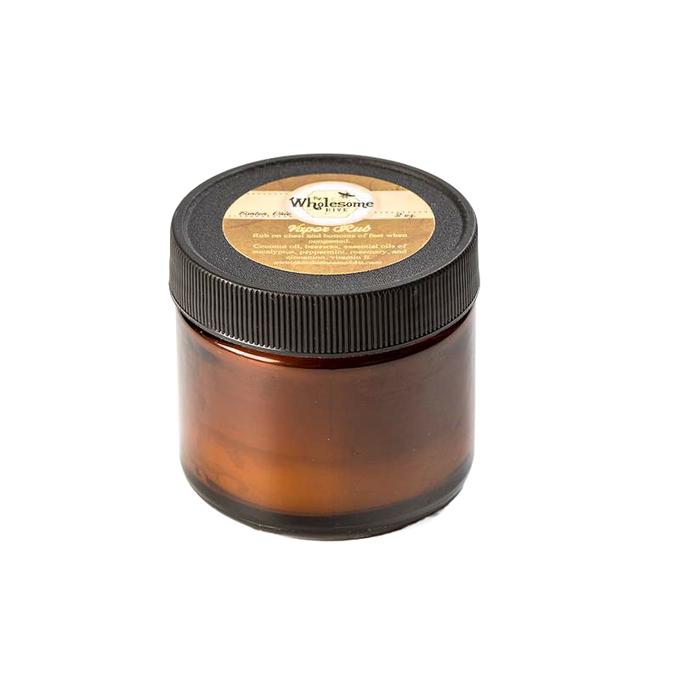 Amber glass jar with black screw-on lid containing handcrafted, all-natural vapor rub made in USA, featured in Health & Wellness, Balms, Creams and Lotions, and Best Sellers collections.