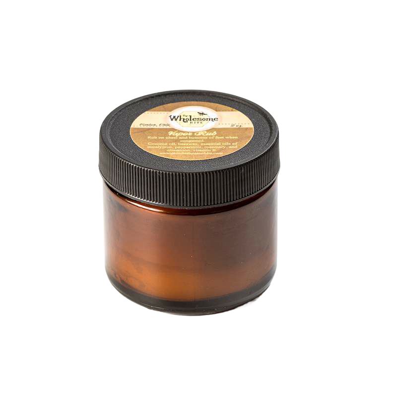 Amber glass jar with black screw-on lid containing handcrafted, all-natural vapor rub made in USA, featured in Health & Wellness, Balms, Creams and Lotions, and Best Sellers collections.