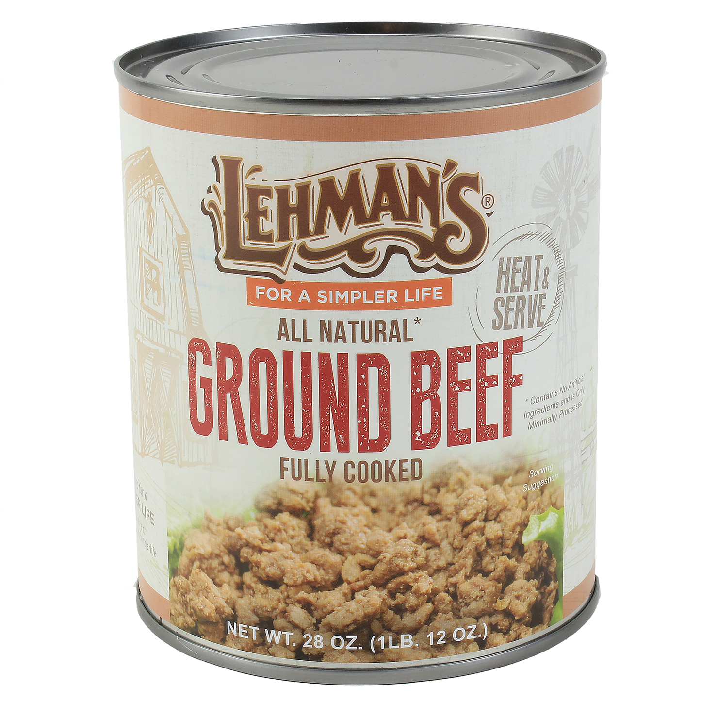 Can of Lehman's handcrafted all natural fully cooked ground beef with rustic label, ready to heat and serve, featured in Kitchen & Food, Food, Meats, Best Sellers, and Promo Eligible collections.