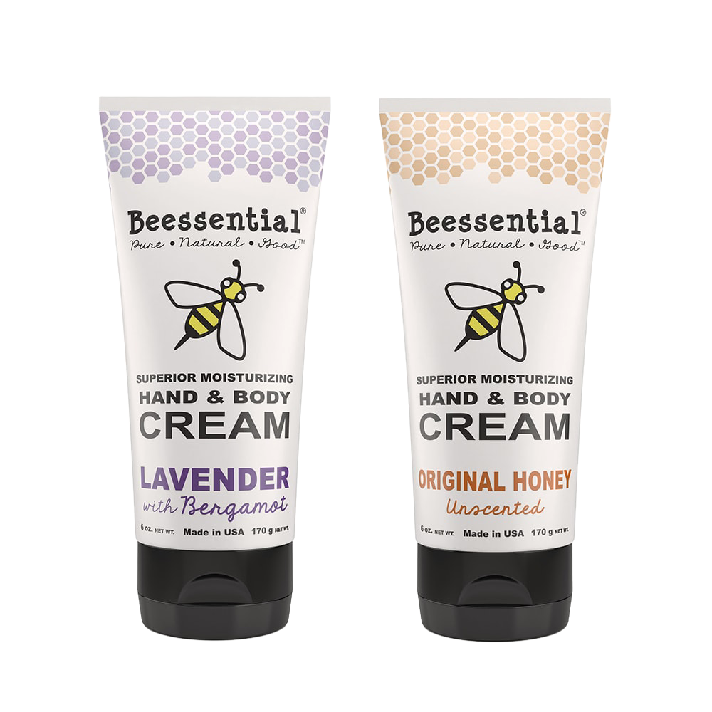 Two 6 fl oz tubes of handcrafted Beessential hand and body cream in lavender with bergamot and original honey unscented varieties, made in USA, featured in Health & Wellness, Balms, Creams and Lotions, USA Made, and Best Sellers collections.