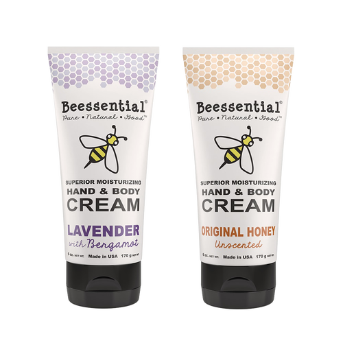 Two 6 fl oz tubes of handcrafted Beessential hand and body cream in lavender with bergamot and original honey unscented varieties, made in USA, featured in Health & Wellness, Balms, Creams and Lotions, USA Made, and Best Sellers collections.