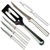 Set of six handcrafted kitchen tools including three paring knives, a serrated knife, a slotted spatula, and a peeler, made in USA, ideal for food prep and farm, garden & tool collections.