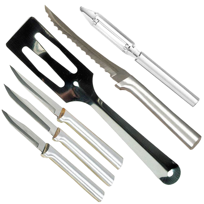 Set of six handcrafted kitchen tools including three paring knives, a serrated knife, a slotted spatula, and a peeler, made in USA, ideal for food prep and farm, garden & tool collections.