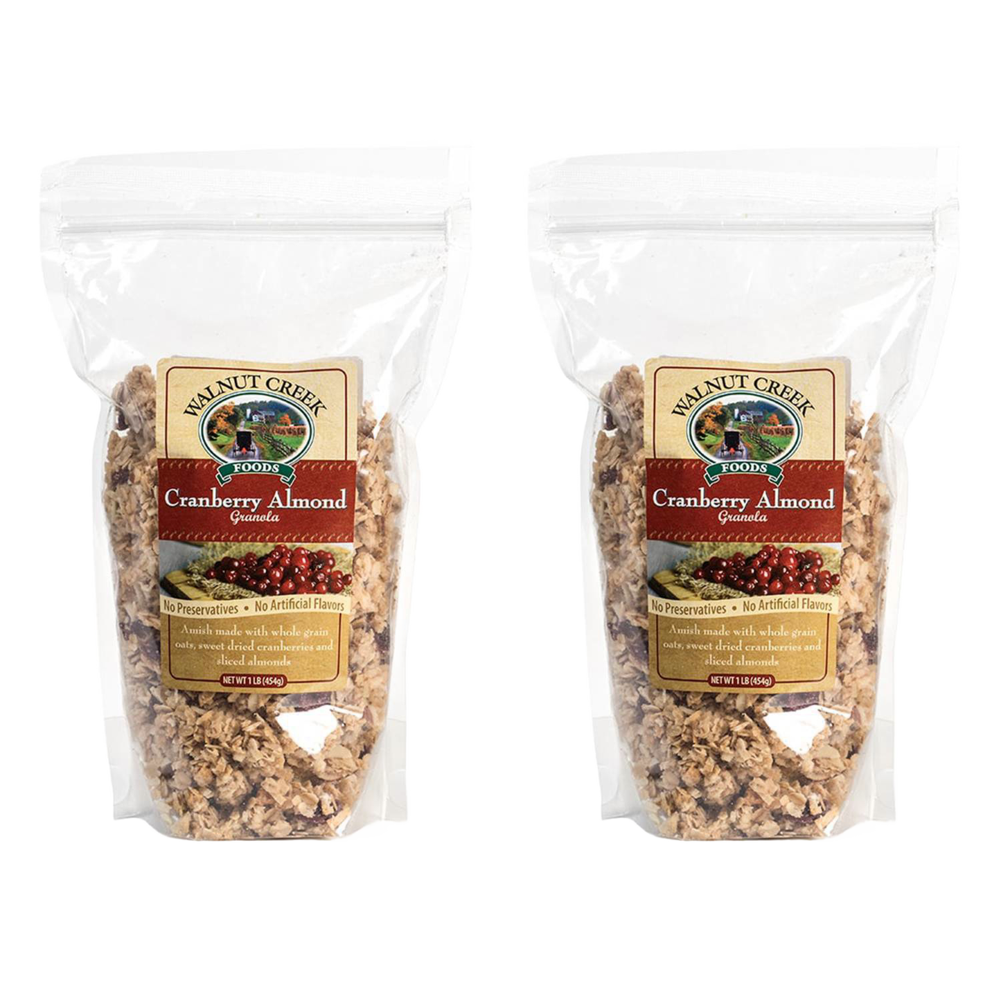 Two clear resealable bags of Amish-made cranberry almond granola with whole grain oats, dried cranberries, and sliced almonds, featured in Kitchen & Food, Snacks and Sweets, and USA Made collections.