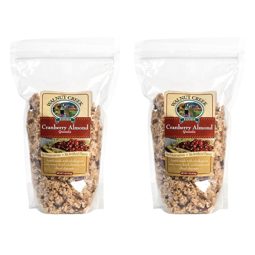 Two clear resealable bags of Amish-made cranberry almond granola with whole grain oats, dried cranberries, and sliced almonds, featured in Kitchen & Food, Snacks and Sweets, and USA Made collections.