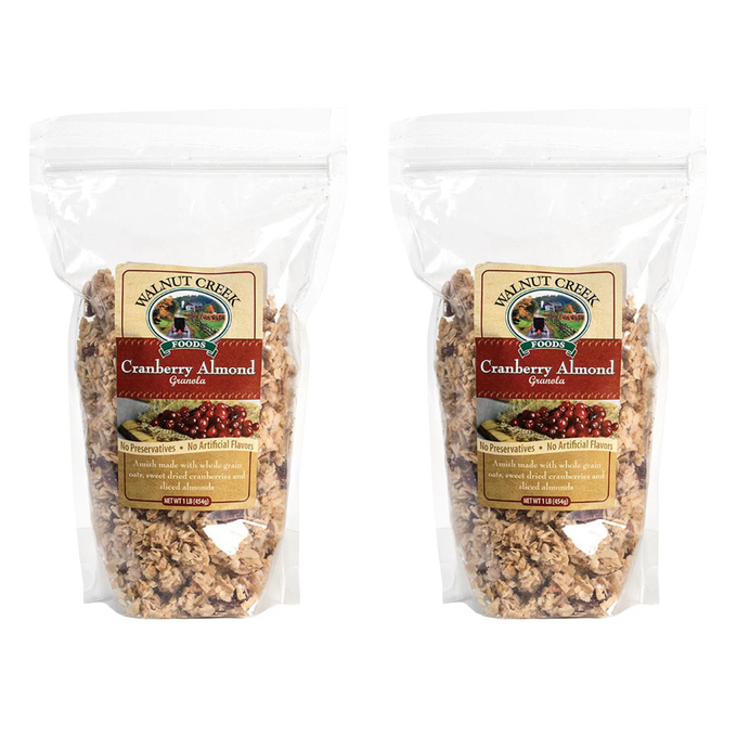 Two clear resealable bags of Amish-made cranberry almond granola with whole grain oats, dried cranberries, and sliced almonds, featured in Kitchen & Food, Snacks and Sweets, and USA Made collections.