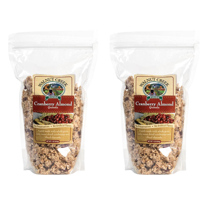 Two clear resealable bags of Amish-made cranberry almond granola with whole grain oats, dried cranberries, and sliced almonds, featured in Kitchen & Food, Snacks and Sweets, and USA Made collections.