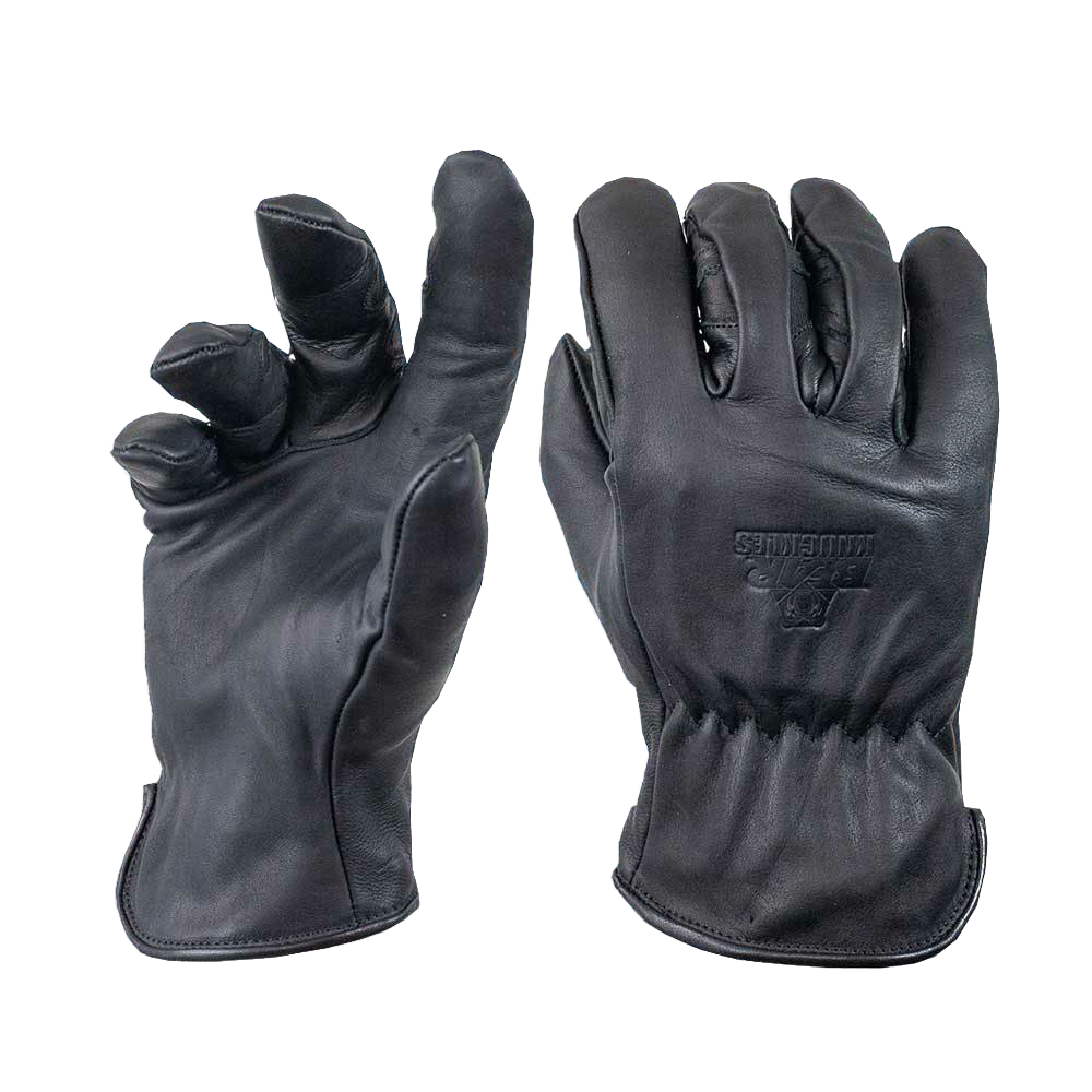 Pair of black fleece-lined cowhide leather driver gloves with ergonomic design, winged thumb, and reinforced seams, ideal for farm, garden, hand tools, and wellness collections.