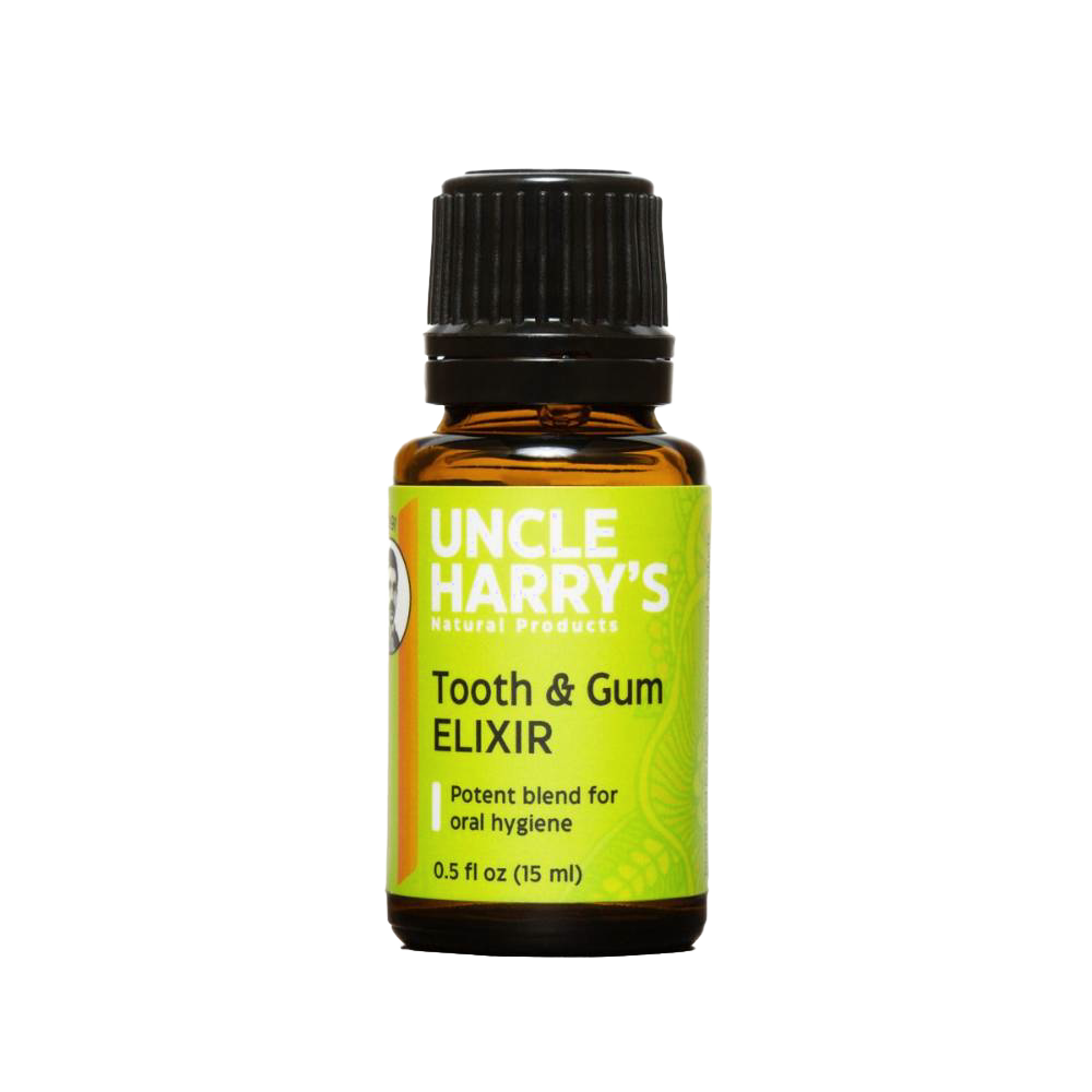 Amber glass bottle of Uncle Harry's Tooth and Gum Elixir with a green label, featuring a potent essential oil blend for oral hygiene, made in USA, ideal for Health & Wellness collections