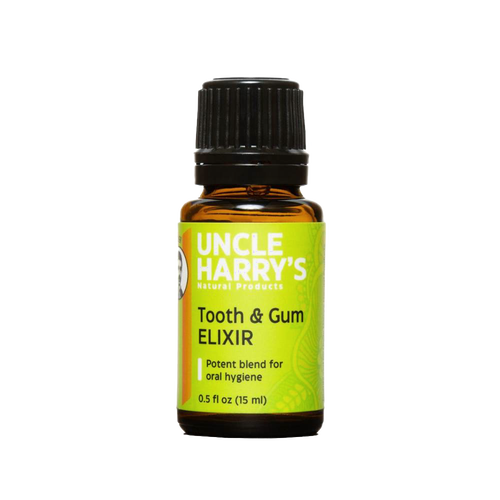 Amber glass bottle of Uncle Harry's Tooth and Gum Elixir with a green label, featuring a potent essential oil blend for oral hygiene, made in USA, ideal for Health & Wellness collections