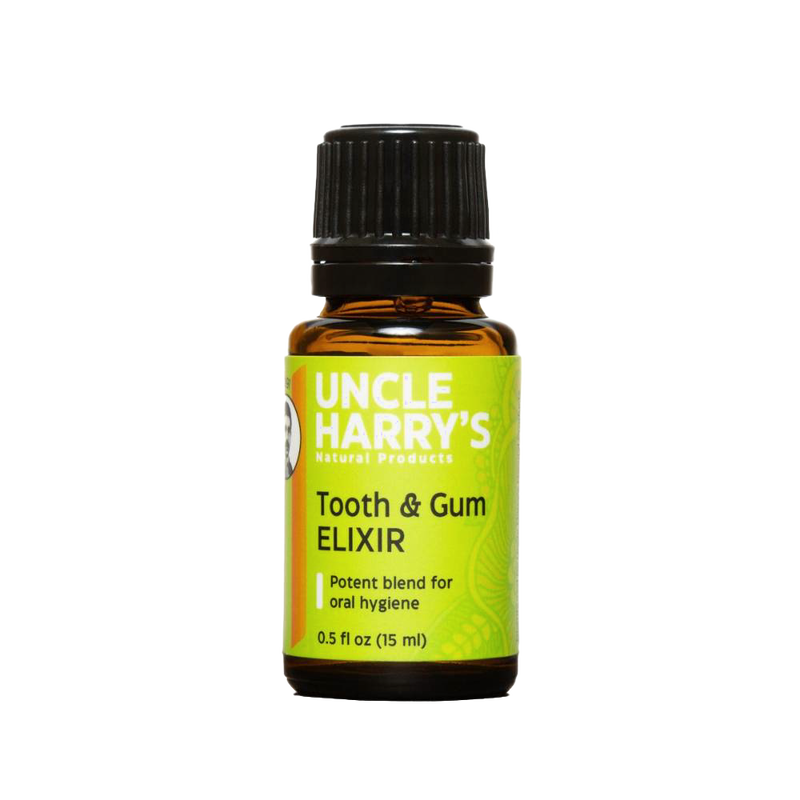 Amber glass bottle of Uncle Harry's Tooth and Gum Elixir with a green label, featuring a potent essential oil blend for oral hygiene, made in USA, ideal for Health & Wellness collections