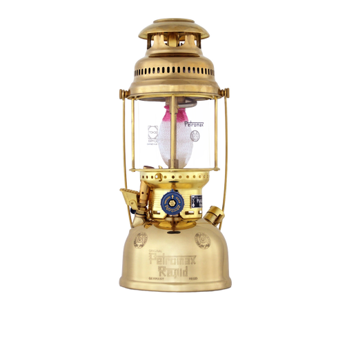 Classic brass lantern with glass globe and metal frame, featuring a vented crown and detailed fuel valve, part of Lamps & Lighting and Parts and Accessories collections.