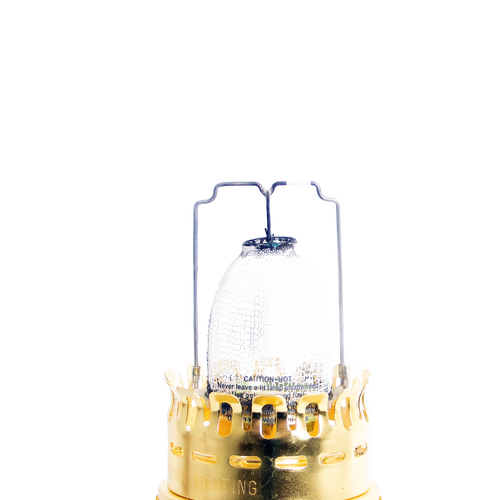 Handcrafted brass shelf oil lamp with a clear glass chimney and sturdy metal handle, ideal for emergency supplies and rustic lamps & lighting collections.