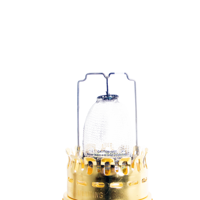 Handcrafted brass shelf oil lamp with a clear glass chimney and sturdy metal handle, ideal for emergency supplies and rustic lamps & lighting collections.