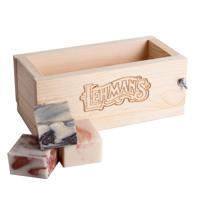 Handcrafted wooden soap loaf mold made from durable pine with adjustable wingnut, featuring engraved branding, ideal for cold process soapmaking in USA Made and Health & Wellness collections.