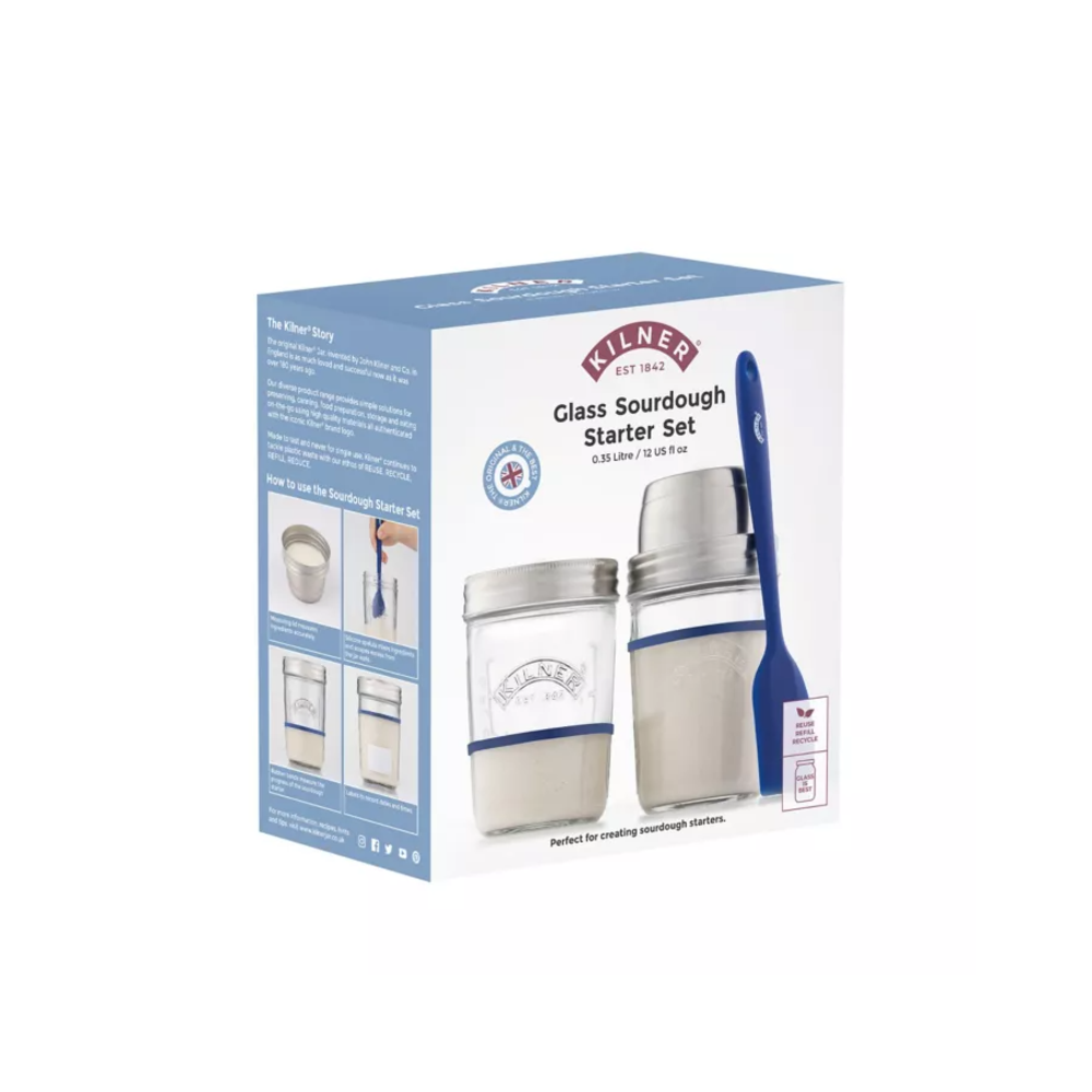 Handcrafted Kilner sourdough starter set featuring two glass jars with metal lids and a silicone spatula, ideal for Kitchen & Food, Baking Supplies, and Cookware collections.