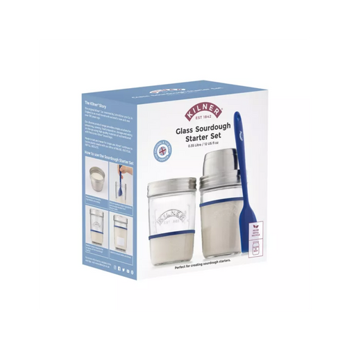Handcrafted Kilner sourdough starter set featuring two glass jars with metal lids and a silicone spatula, ideal for Kitchen & Food, Baking Supplies, and Cookware collections.