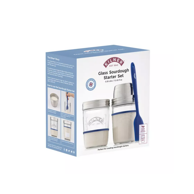 Handcrafted Kilner sourdough starter set featuring two glass jars with metal lids and a silicone spatula, ideal for Kitchen & Food, Baking Supplies, and Cookware collections.