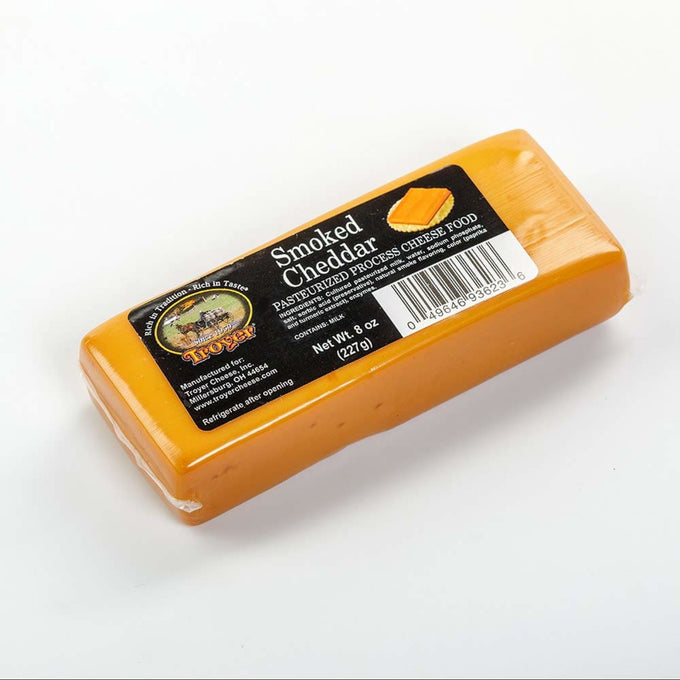 Handcrafted smoked cheddar cheese food block, shelf-stable and pasteurized, weighing 8 ounces, made in USA, perfect for Kitchen & Food, Snacks and Sweets, Pantry, USA Made, Best Sellers, and Promo Eligible collections.