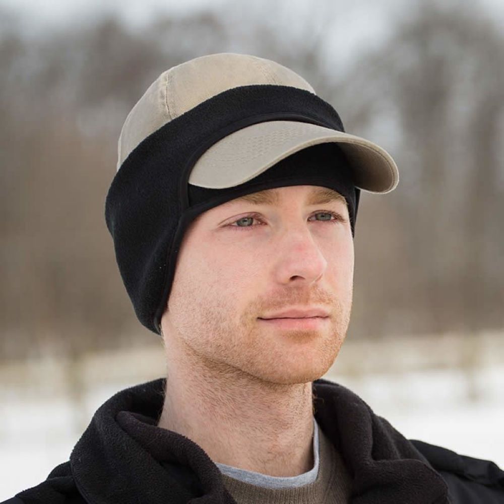 Man wearing a soft black fleece ear band under a beige baseball cap, designed for warmth and comfort in colder weather, featured in Health & Wellness and Clothing and Accessories collections.