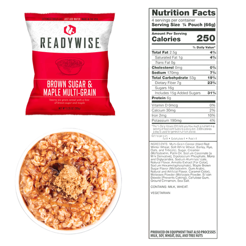 ReadyWise brown sugar and maple multi-grain cereal pouch with a prepared bowl topped with brown sugar, accompanied by its detailed nutrition facts label, part of emergency supplies and freeze dried food collections.