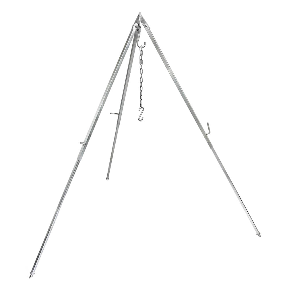 Adjustable outdoor cooking tripod with sturdy metal legs and a hanging chain, perfect for suspending barbecue grates or Dutch ovens, featured in Farm, Garden & Tool, Camping, Best Sellers, and Promo Eligible collections.