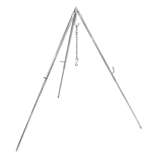 Adjustable outdoor cooking tripod with sturdy metal legs and a hanging chain, perfect for suspending barbecue grates or Dutch ovens, featured in Farm, Garden & Tool, Camping, Best Sellers, and Promo Eligible collections.