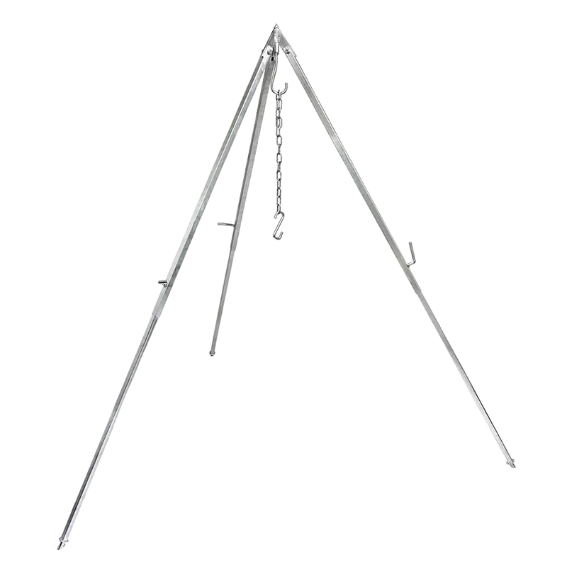 Adjustable outdoor cooking tripod with sturdy metal legs and a hanging chain, perfect for suspending barbecue grates or Dutch ovens, featured in Farm, Garden & Tool, Camping, Best Sellers, and Promo Eligible collections.