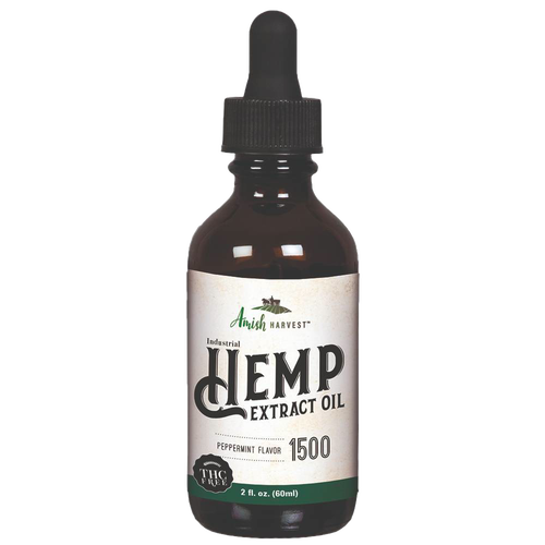 Amber glass dropper bottle of handcrafted peppermint flavored hemp extract oil with THC free label, made in USA for Health & Wellness, Health Remedies, and Best Sellers collections.