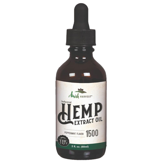 Amber glass dropper bottle of handcrafted peppermint flavored hemp extract oil with THC free label, made in USA for Health & Wellness, Health Remedies, and Best Sellers collections.