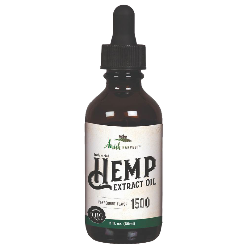 Amber glass dropper bottle of handcrafted peppermint flavored hemp extract oil with THC free label, made in USA for Health & Wellness, Health Remedies, and Best Sellers collections.