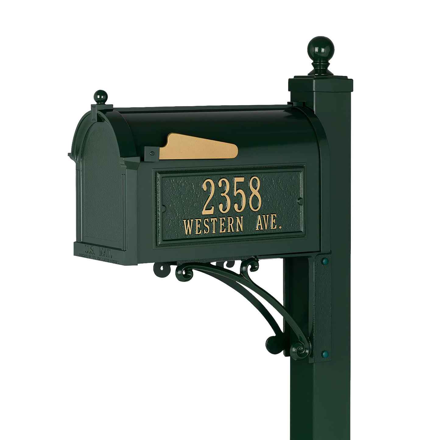 Handcrafted green and gold mailbox with matching post displaying house number and street name, made in USA, perfect for Home & Decor and Mailboxes and Address Signs collections.