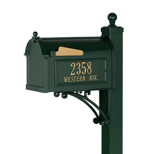 Handcrafted green and gold mailbox with matching post displaying house number and street name, made in USA, perfect for Home & Decor and Mailboxes and Address Signs collections.