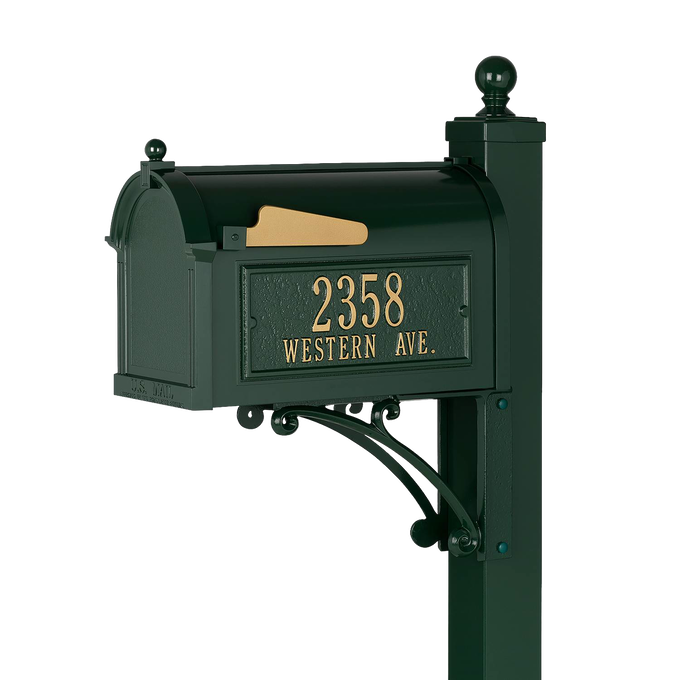Handcrafted green and gold mailbox with matching post displaying house number and street name, made in USA, perfect for Home & Decor and Mailboxes and Address Signs collections.