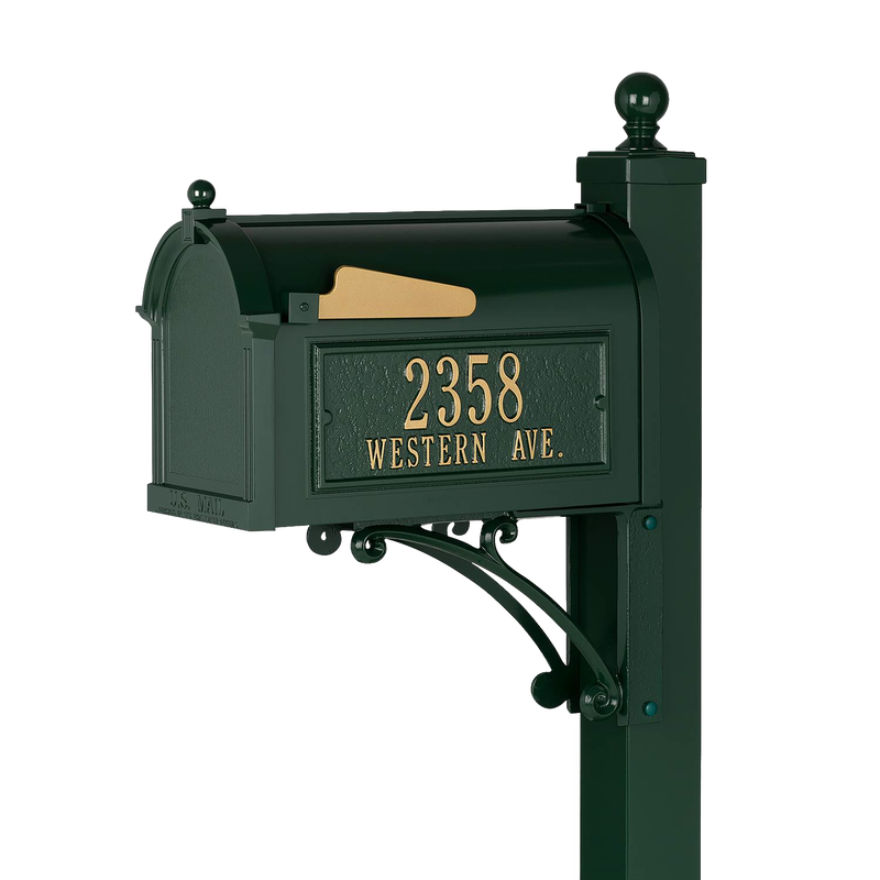 Handcrafted green and gold mailbox with matching post displaying house number and street name, made in USA, perfect for Home & Decor and Mailboxes and Address Signs collections.
