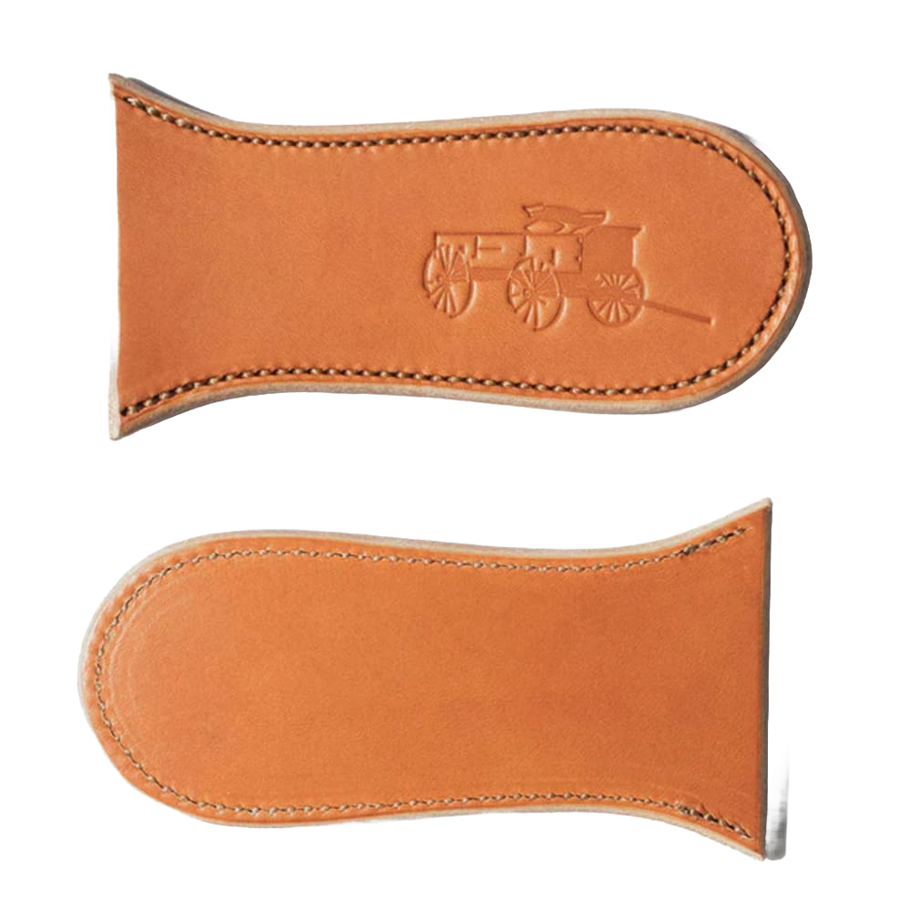 Two handcrafted vegetable-tanned leather skillet handle covers with embossed vintage wagon design, made in USA, ideal for Kitchen & Food, Cast Iron, and Cookware collections.