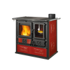 Ceramic wood cook stove with red majolica panels, vitrified cast-iron top, and panoramic enameled oven showcasing a warm fire, featured in Stoves, Cookstoves, and Best Sellers collections.