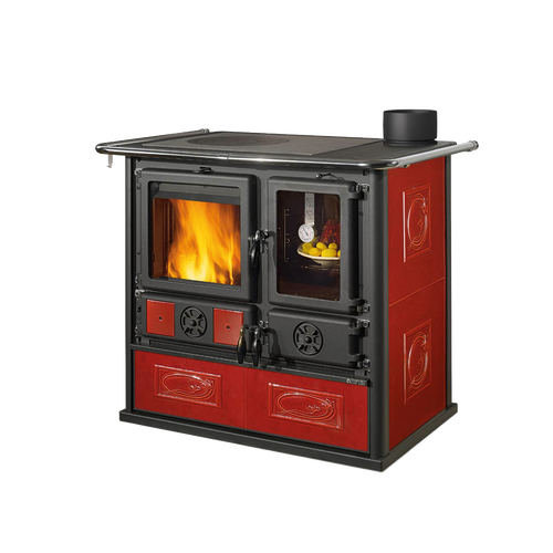 Ceramic wood cook stove with red majolica panels, vitrified cast-iron top, and panoramic enameled oven showcasing a warm fire, featured in Stoves, Cookstoves, and Best Sellers collections.