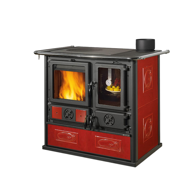 Ceramic wood cook stove with red majolica panels, vitrified cast-iron top, and panoramic enameled oven showcasing a warm fire, featured in Stoves, Cookstoves, and Best Sellers collections.