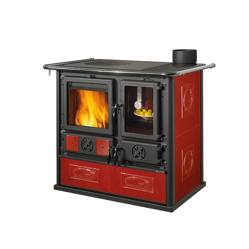 Ceramic wood cook stove with red majolica panels, vitrified cast-iron top, and panoramic enameled oven showcasing a warm fire, featured in Stoves, Cookstoves, and Best Sellers collections.