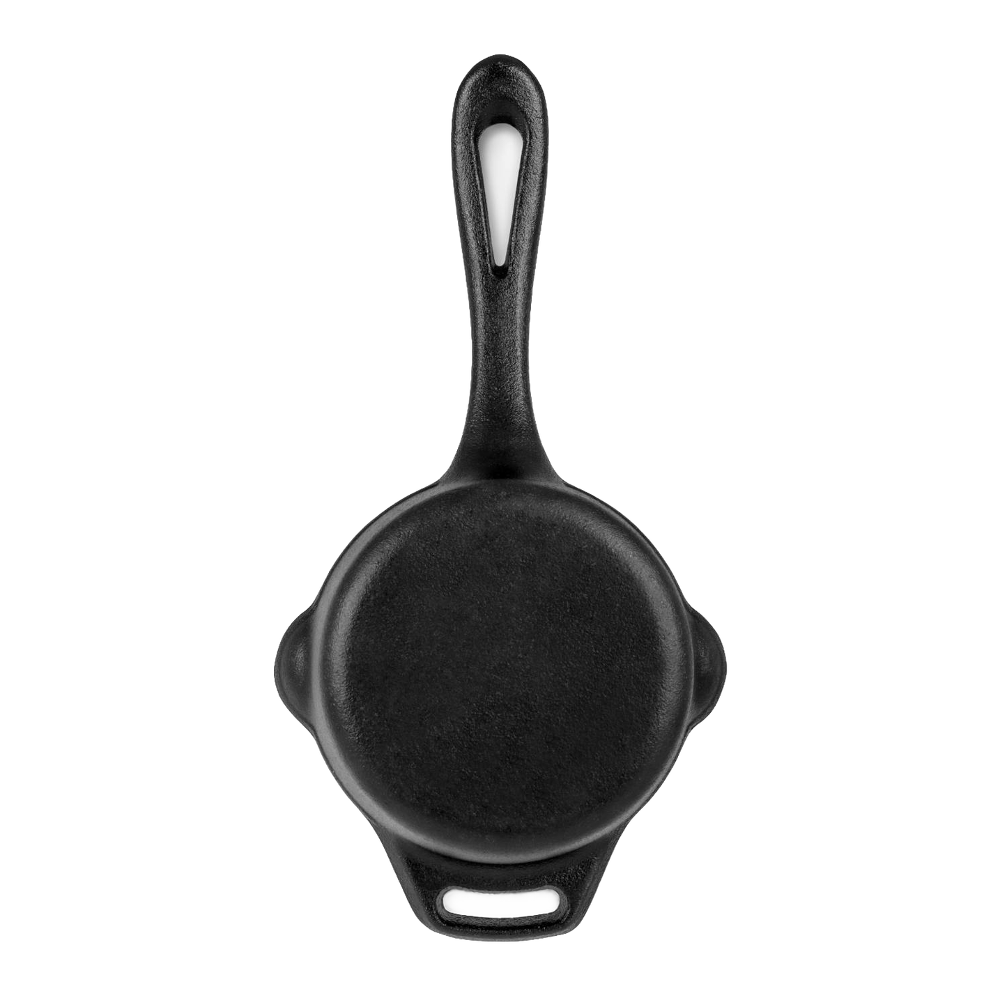 Top view of a black cast iron sauce pot with long handle and two side grip loops, designed for durable cooking in outdoor kitchens, suitable for Farm, Garden & Tool, Kitchen & Food, Camping, Cookware, Cast Iron, and Best Sellers collections.
