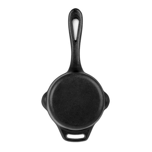 Top view of a black cast iron sauce pot with long handle and two side grip loops, designed for durable cooking in outdoor kitchens, suitable for Farm, Garden & Tool, Kitchen & Food, Camping, Cookware, Cast Iron, and Best Sellers collections.