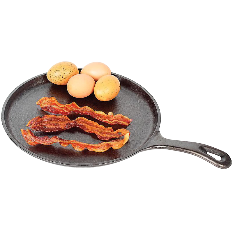 Handcrafted cast iron round griddle with a flat bottom holding three crispy bacon strips and four whole eggs, made in USA, ideal for Kitchen & Food, Cookware, Cast Iron, and Best Sellers collections.