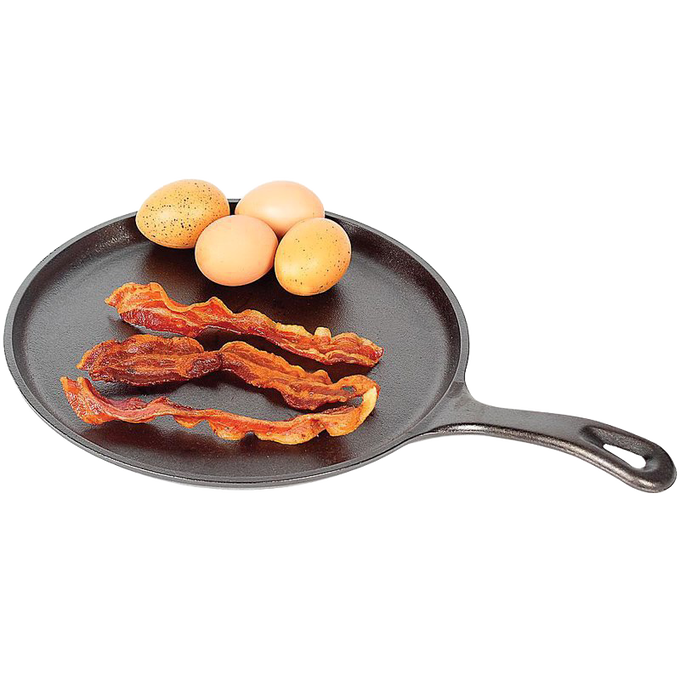 Handcrafted cast iron round griddle with a flat bottom holding three crispy bacon strips and four whole eggs, made in USA, ideal for Kitchen & Food, Cookware, Cast Iron, and Best Sellers collections.
