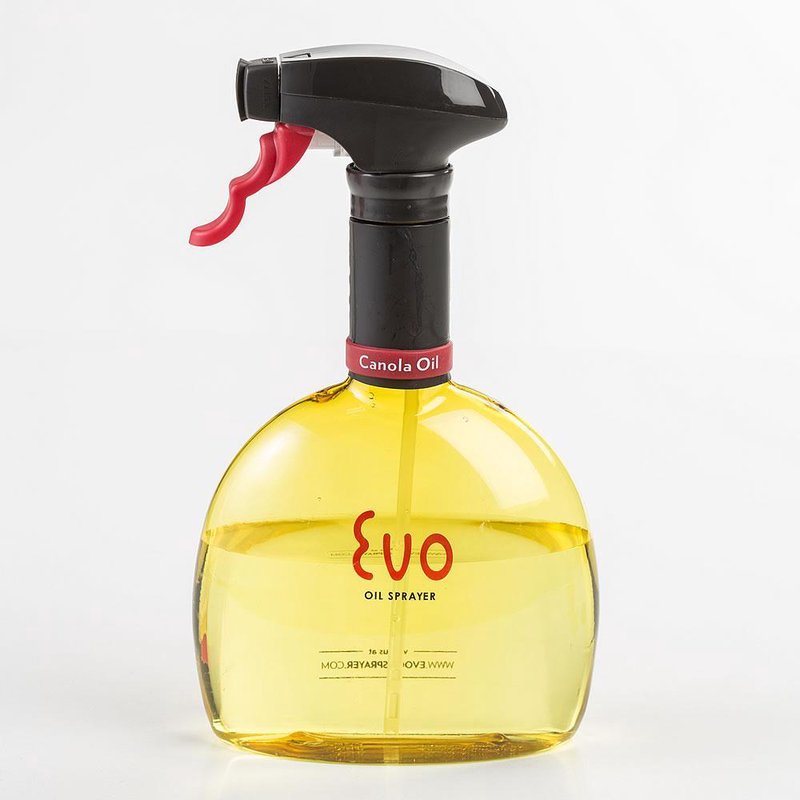 Clear yellow oil sprayer bottle with black and red trigger spray top, labeled for canola oil, featured in Kitchen & Food, Cookware, Baking Supplies, and Best Sellers collections.