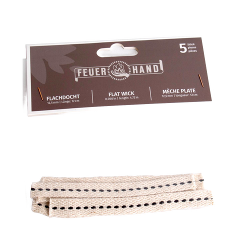 Pack of five handcrafted flat wicks with black center stitching, made from high-grade cotton for reliable fuel delivery in oil lamps, ideal for Farm, Garden & Tool and Emergency Supplies collections.