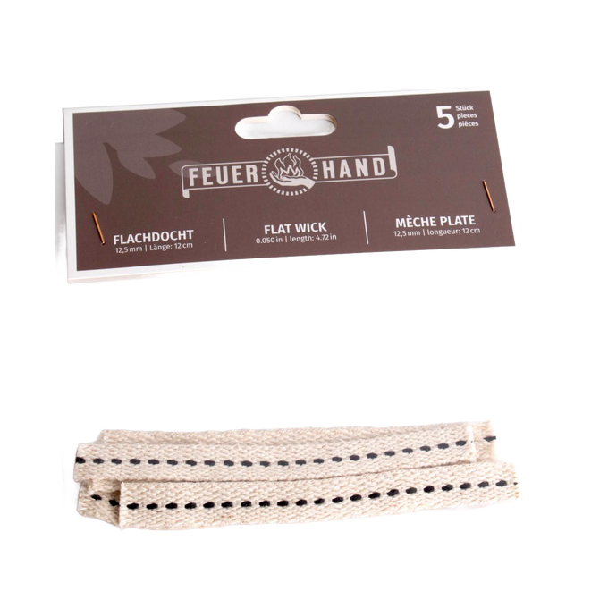 Pack of five handcrafted flat wicks with black center stitching, made from high-grade cotton for reliable fuel delivery in oil lamps, ideal for Farm, Garden & Tool and Emergency Supplies collections.