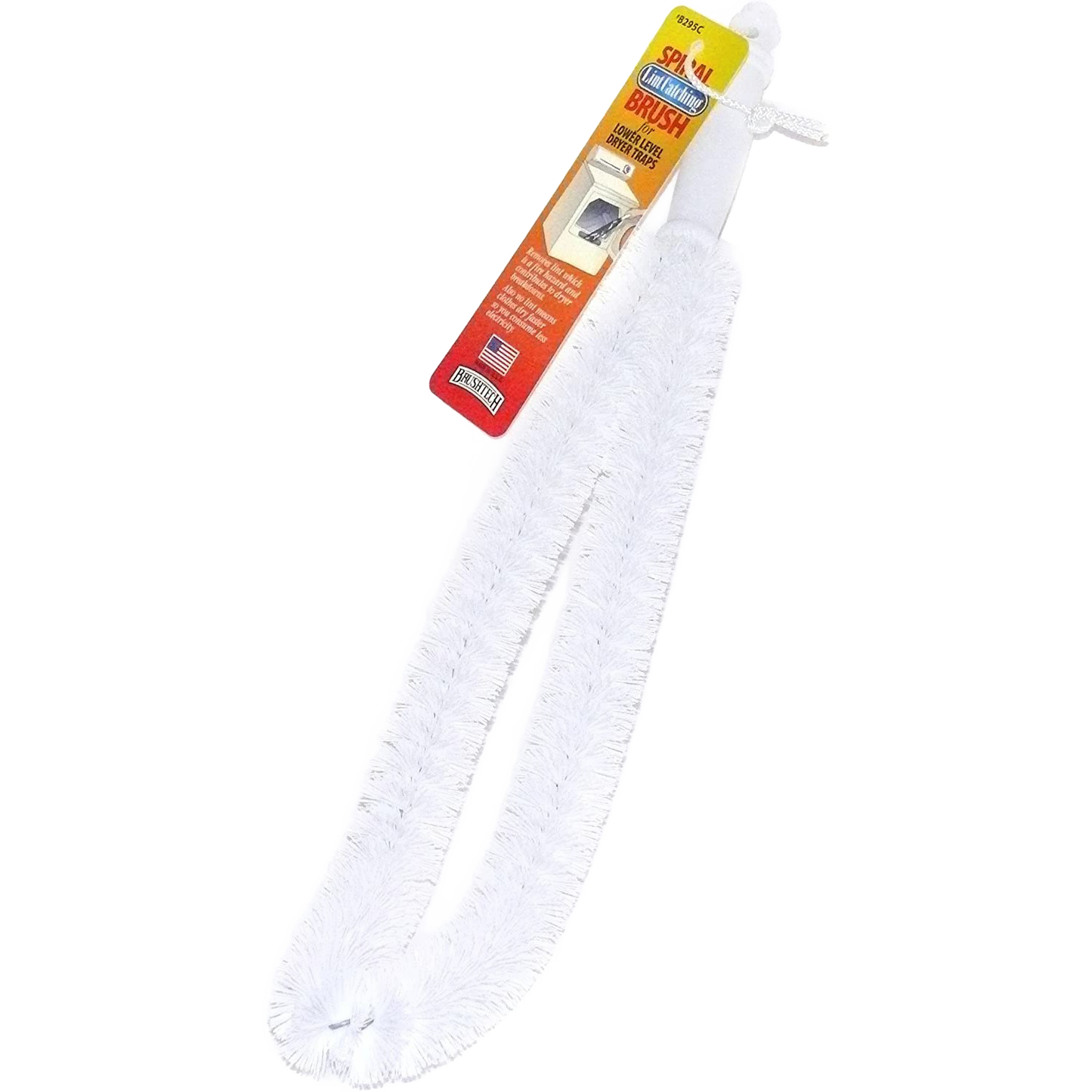 Flexible white lint brush with spirally wound bristles designed to remove buildup from lower dryer traps, made in the USA, part of Household Cleaning and Best Sellers collections.